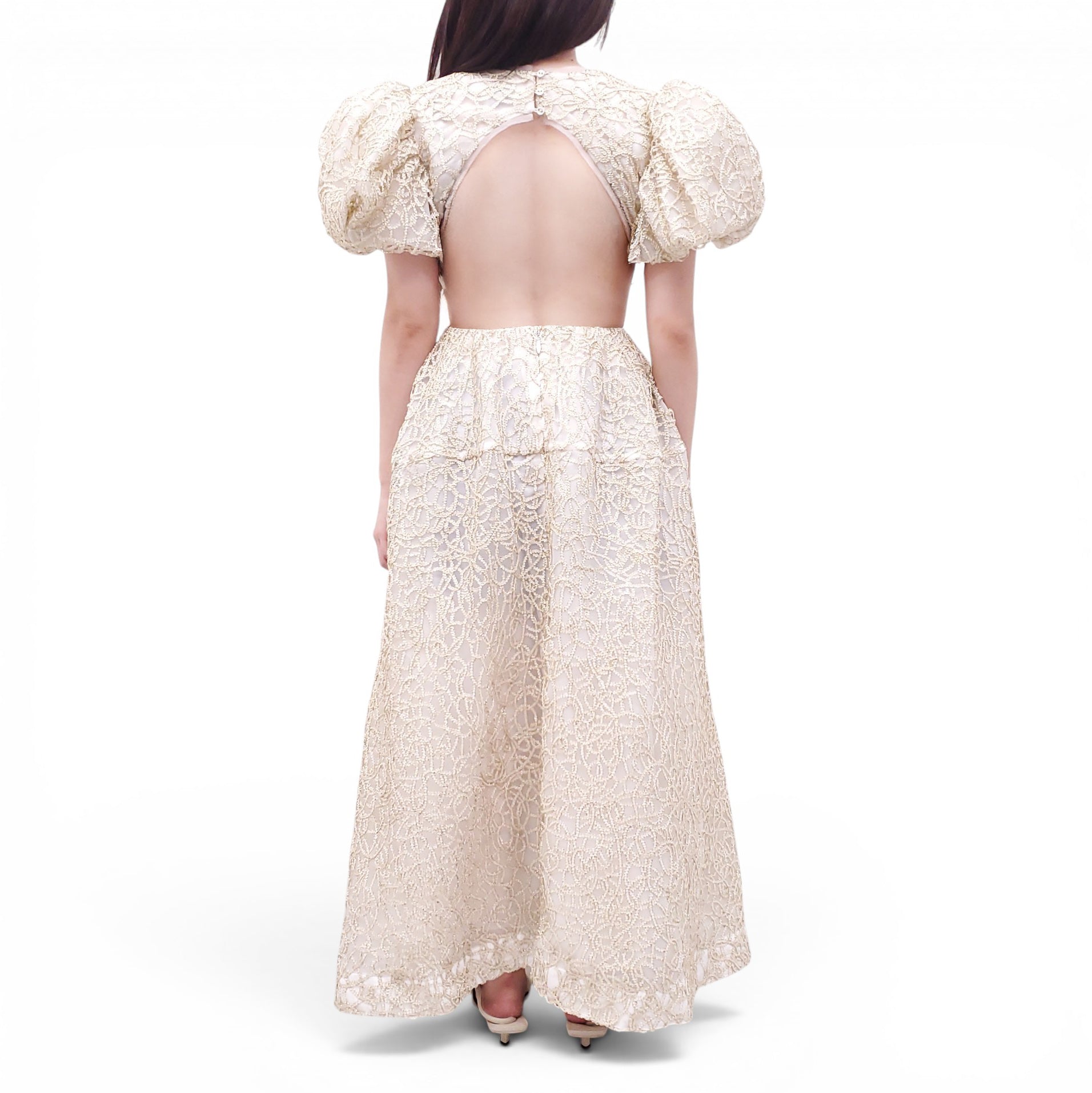 AJE IVORY AND GOLD 'PATINA' LACE MIDI DRESS - SIZE US 6