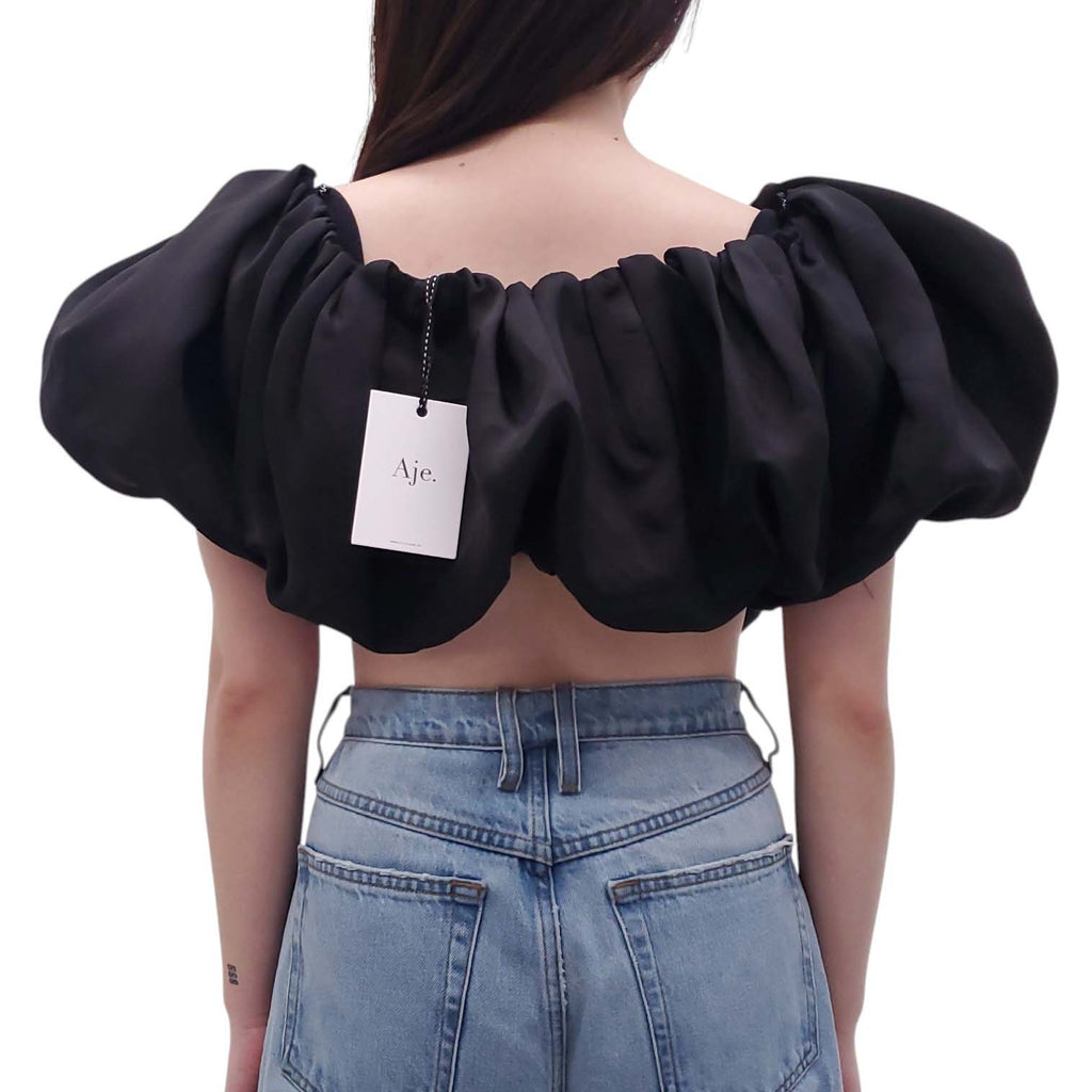 AJE BLACK 'RIVIERA' OFF-THE-SHOULDER SILK TOP - SIZE US 6
