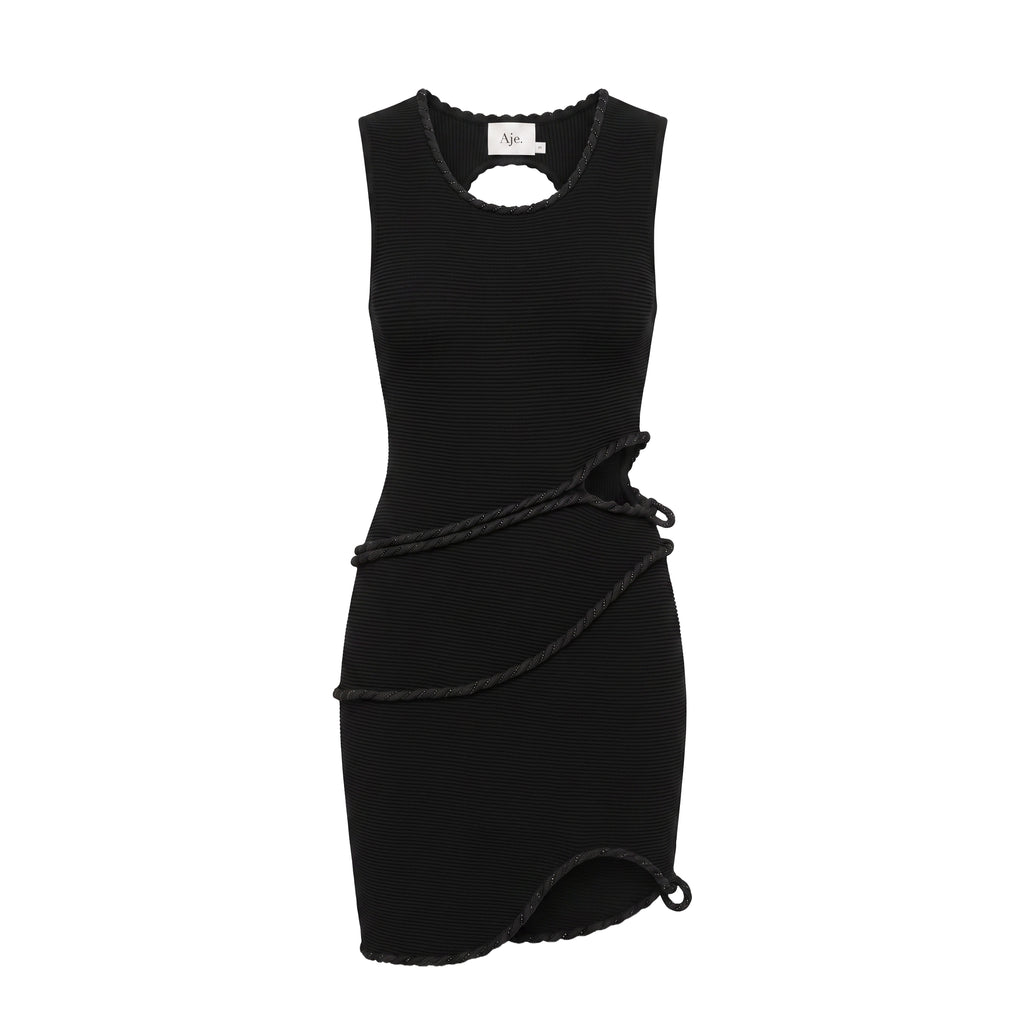 AJE BLACK 'UNDULATING' CUTOUT MINI DRESS - SIZE XS