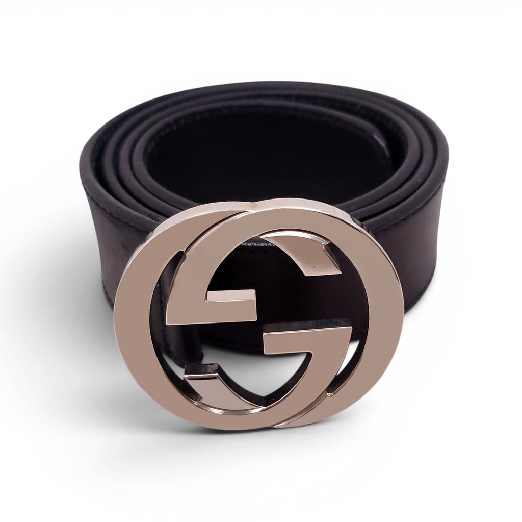 GUCCI BLACK LEATHER BELT WITH SILVER GG LOGO BUCKLE - SIZE 90