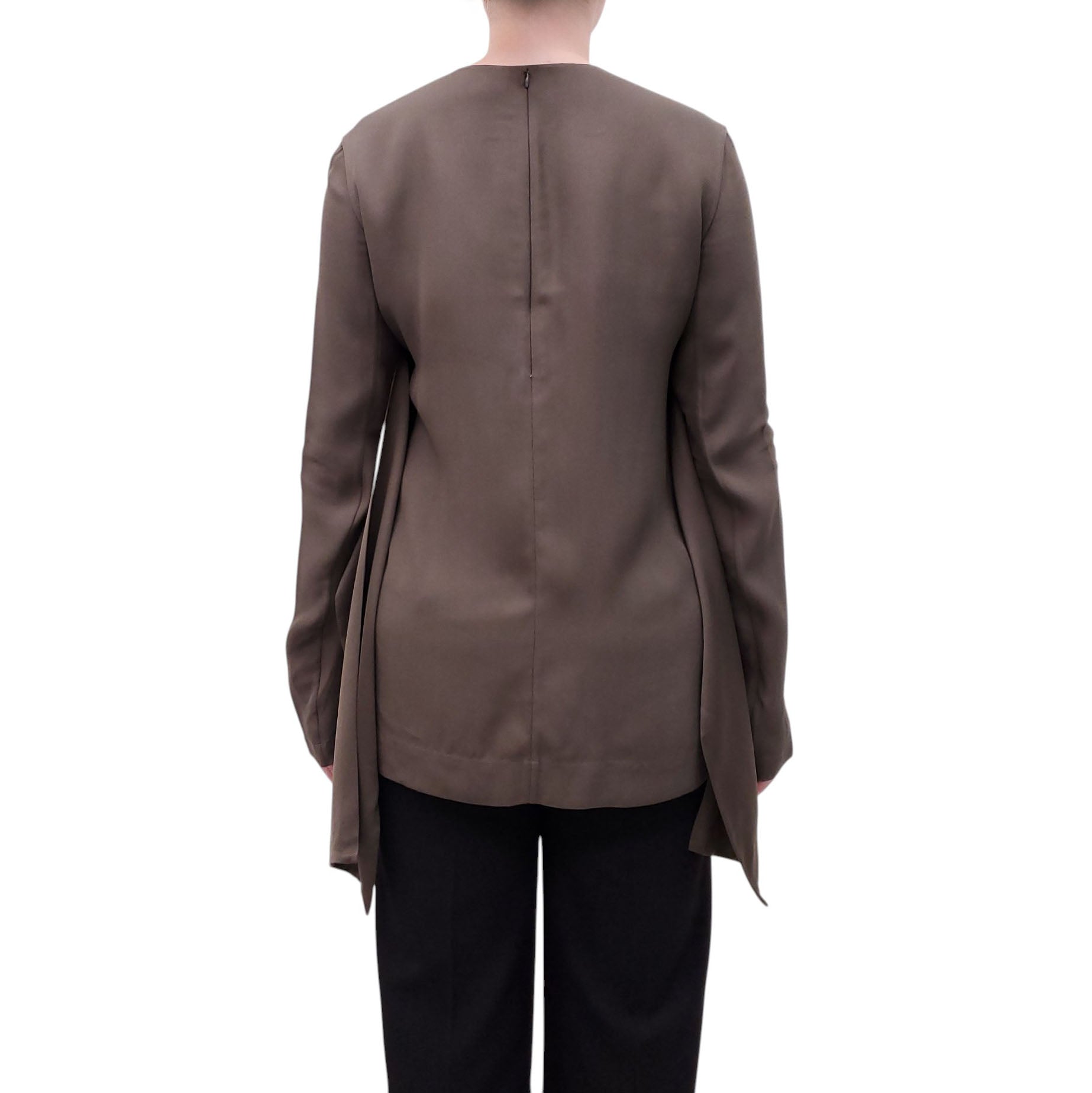 TOTEME KHAKI GREEN SATIN PANELLED CREPE TOP - SIZE 38