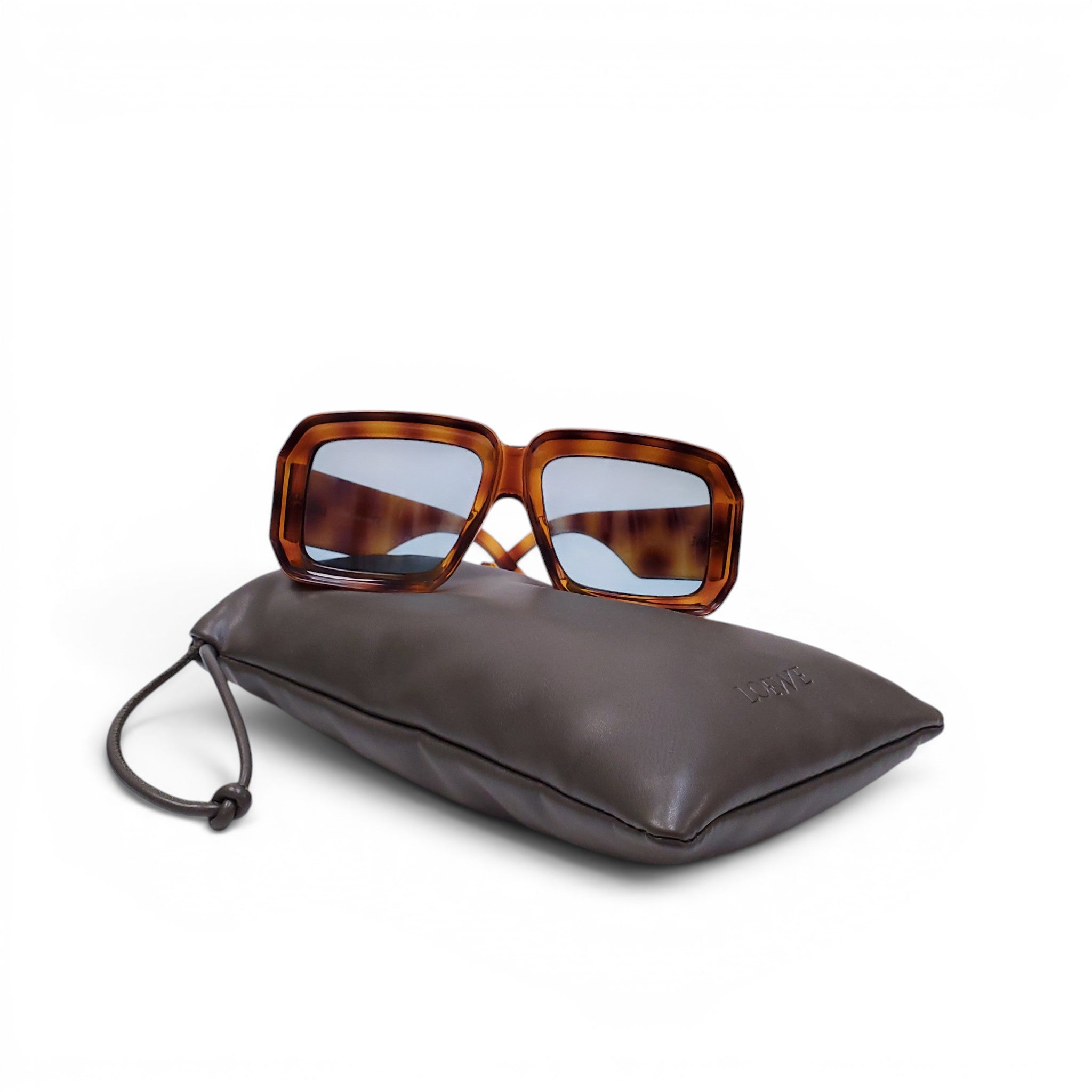LOEWE TORTOISE SHELL SQUARE SUNGLASSES WITH TEAL LENSES