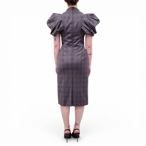 ALEXANDER MCQUEEN GREY PLAID DRESS WITH PUFF SLEEVES - SIZE 42