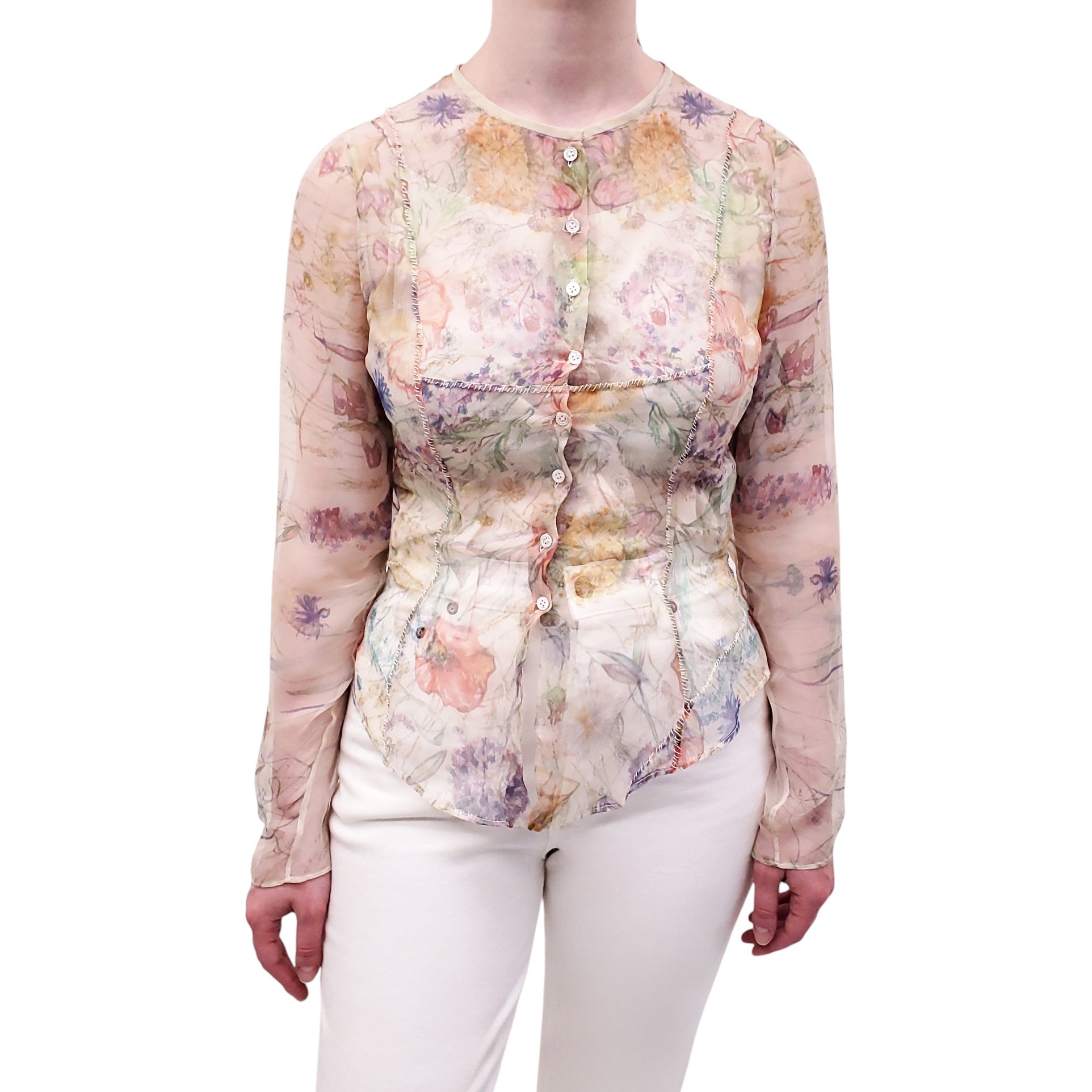 ALEXANDER MCQUEEN SHEER PATTERNED BUTTON-UP BLOUSE - SIZE 42