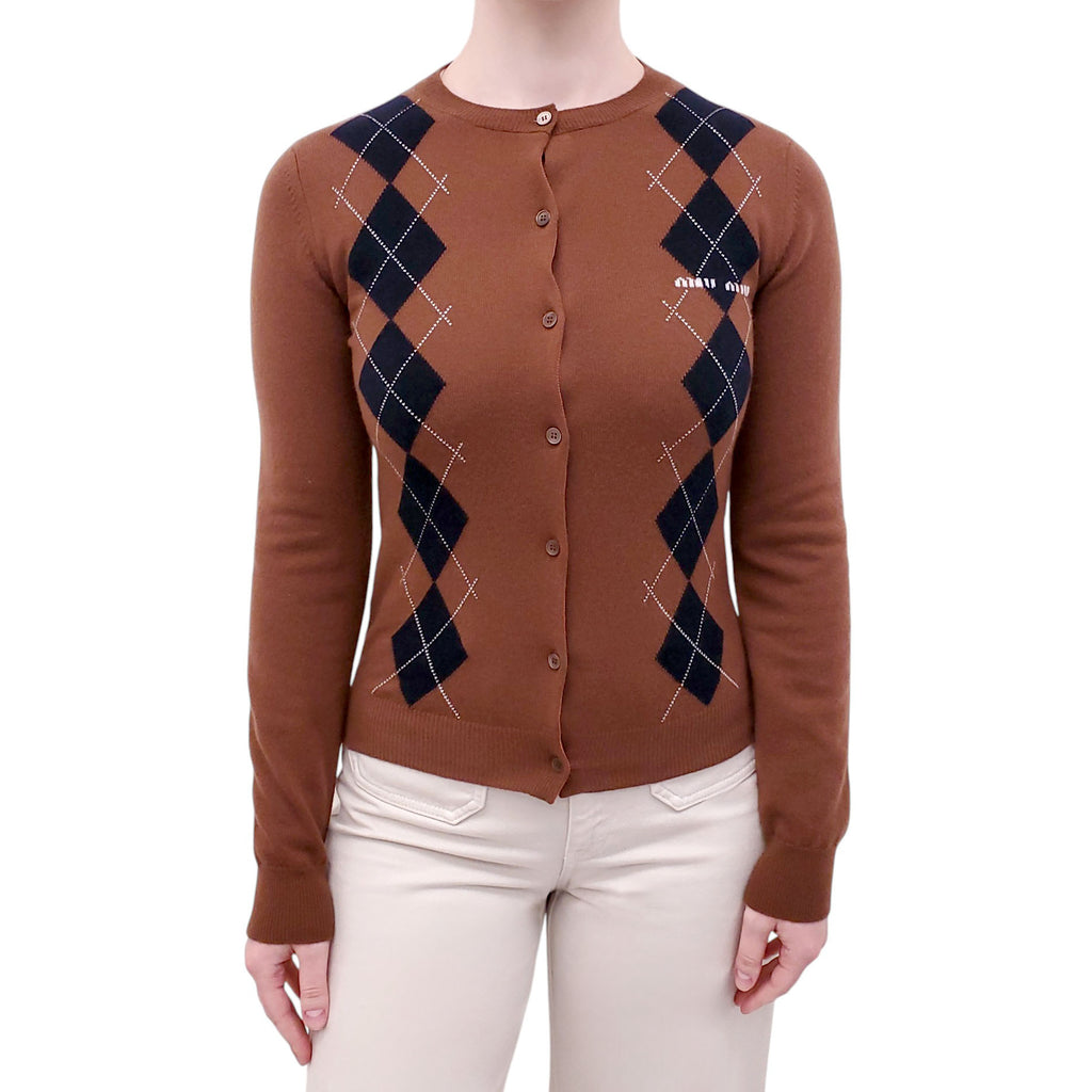 MIU MIU BROWN ARGYLE LOGO CARDIGAN - SIZE 38