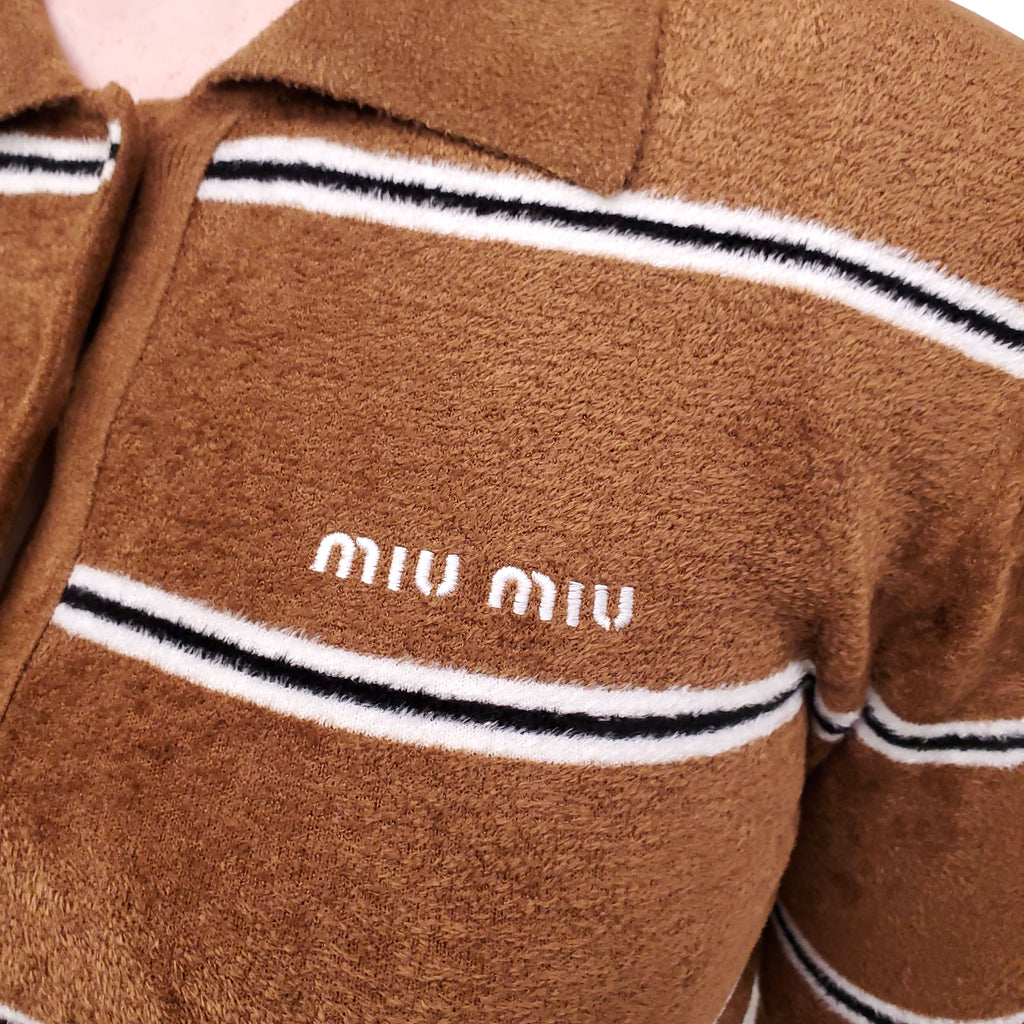 MIU MIU 2025 VISCOSE STRIPED POLO SWEATER WITH LOGO - SIZE 36