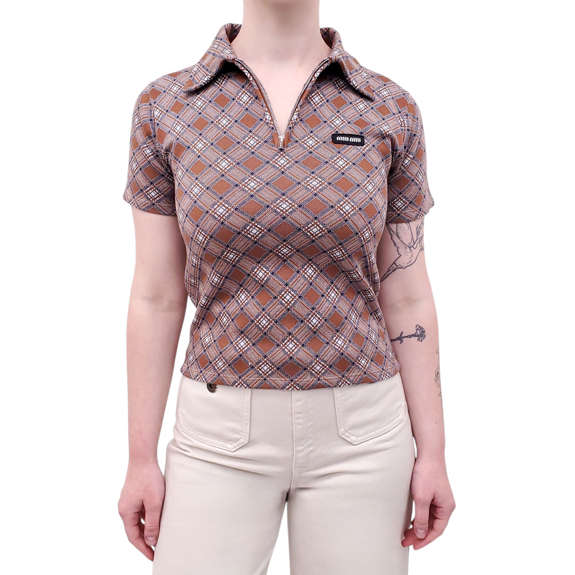 MIU MIU SILK ARGYLE POLO WITH ZIPPER DETAIL - SIZE 38