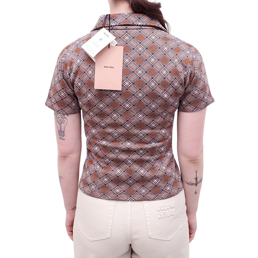 MIU MIU SILK ARGYLE POLO WITH ZIPPER DETAIL - SIZE 38