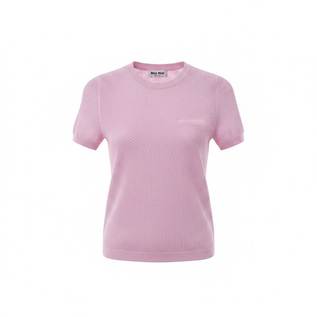 MIU MIU PINK DOTTED KNIT LOGO SHORT-SLEEVE SWEATER - SIZE XS