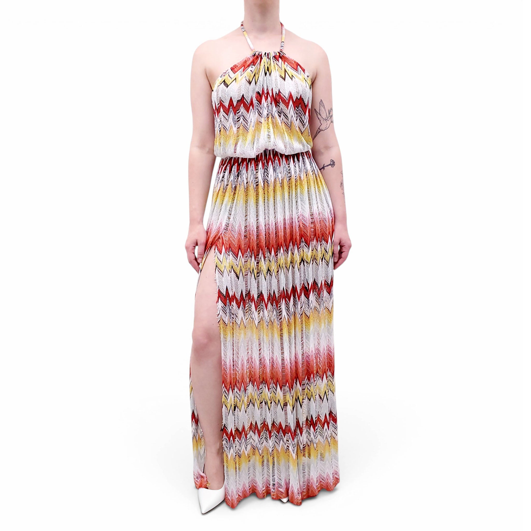 MISSONI RED AND ORANGE CHEVRON METALLIC COVER-UP DRESS - SIZE 40