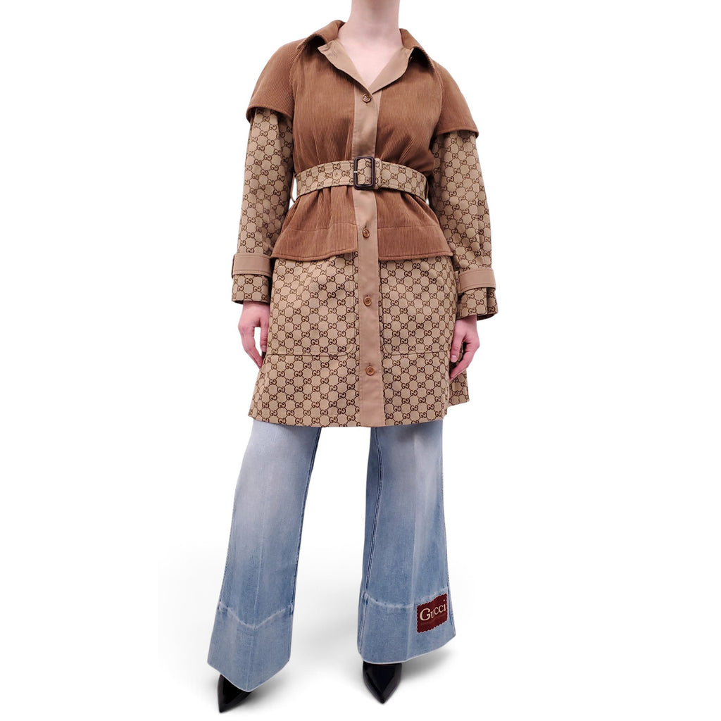 GUCCI MONOGRAM LOGO AND CORDUROY TRENCH COAT - SIZE 34