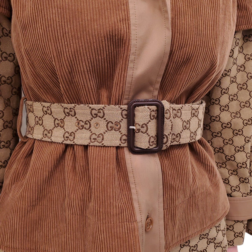 GUCCI MONOGRAM LOGO AND CORDUROY TRENCH COAT - SIZE 34