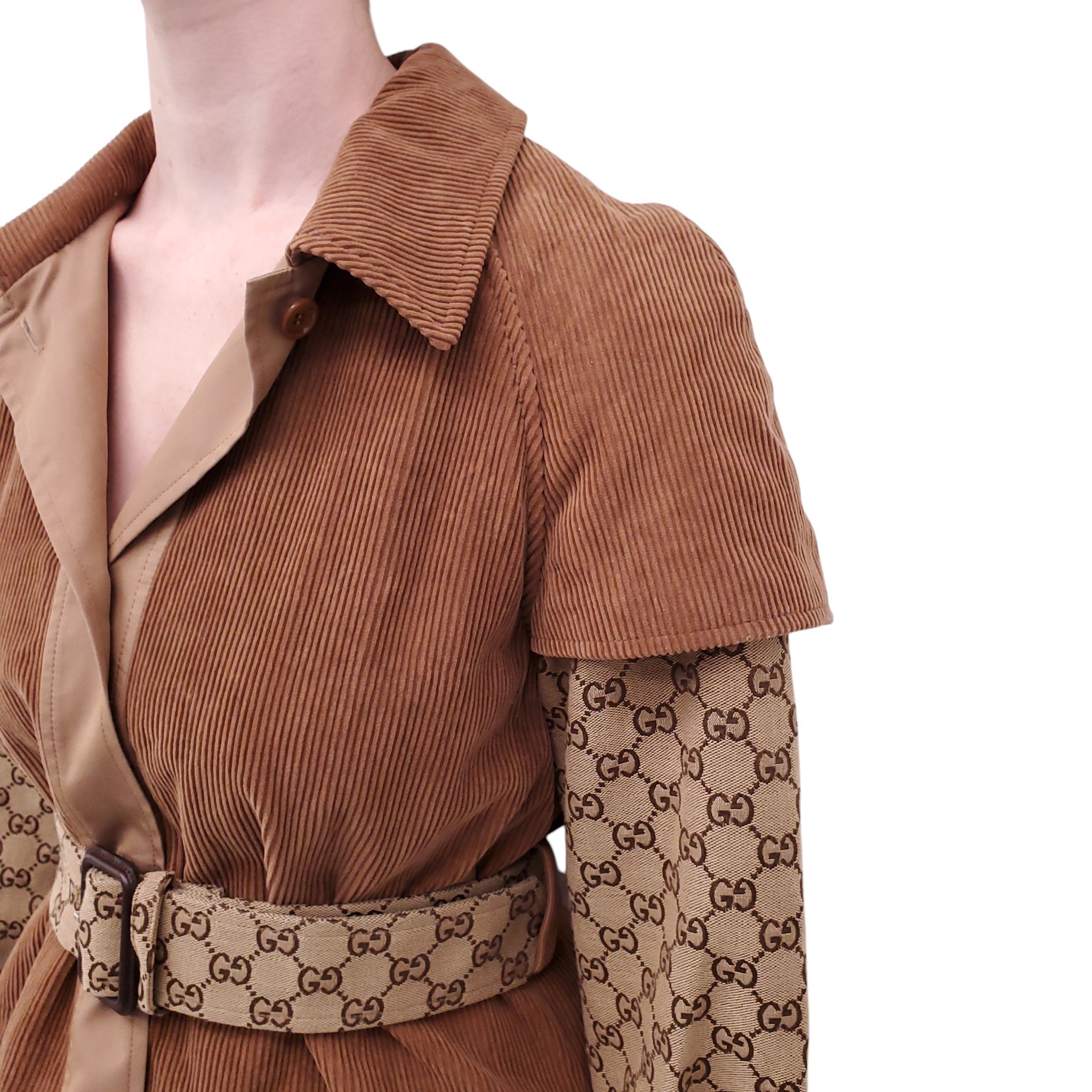 GUCCI MONOGRAM LOGO AND CORDUROY TRENCH COAT - SIZE 34