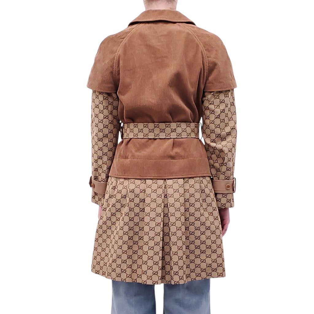 GUCCI MONOGRAM LOGO AND CORDUROY TRENCH COAT - SIZE 34