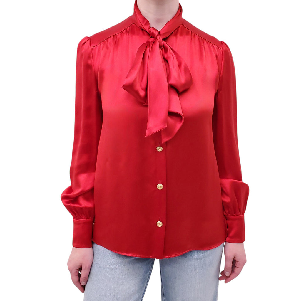 GUCCI RED SILK BLOUSE WITH NECK TIE DETAIL AND LOGO BUTTONS - SIZE 38