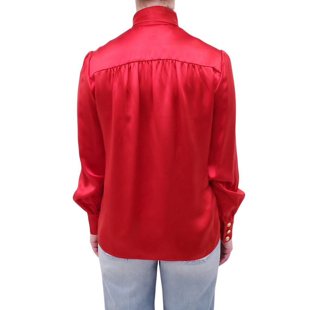 GUCCI RED SILK BLOUSE WITH NECK TIE DETAIL AND LOGO BUTTONS - SIZE 38
