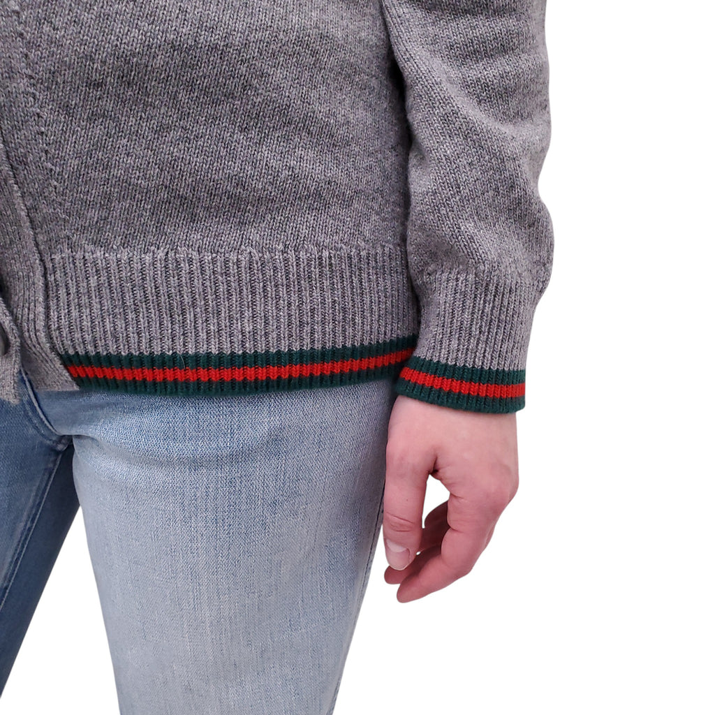 GUCCI GREY CASHMERE BLEND CARDIGAN WITH RED AND GREEN RIBBON DETAIL - SIZE XS
