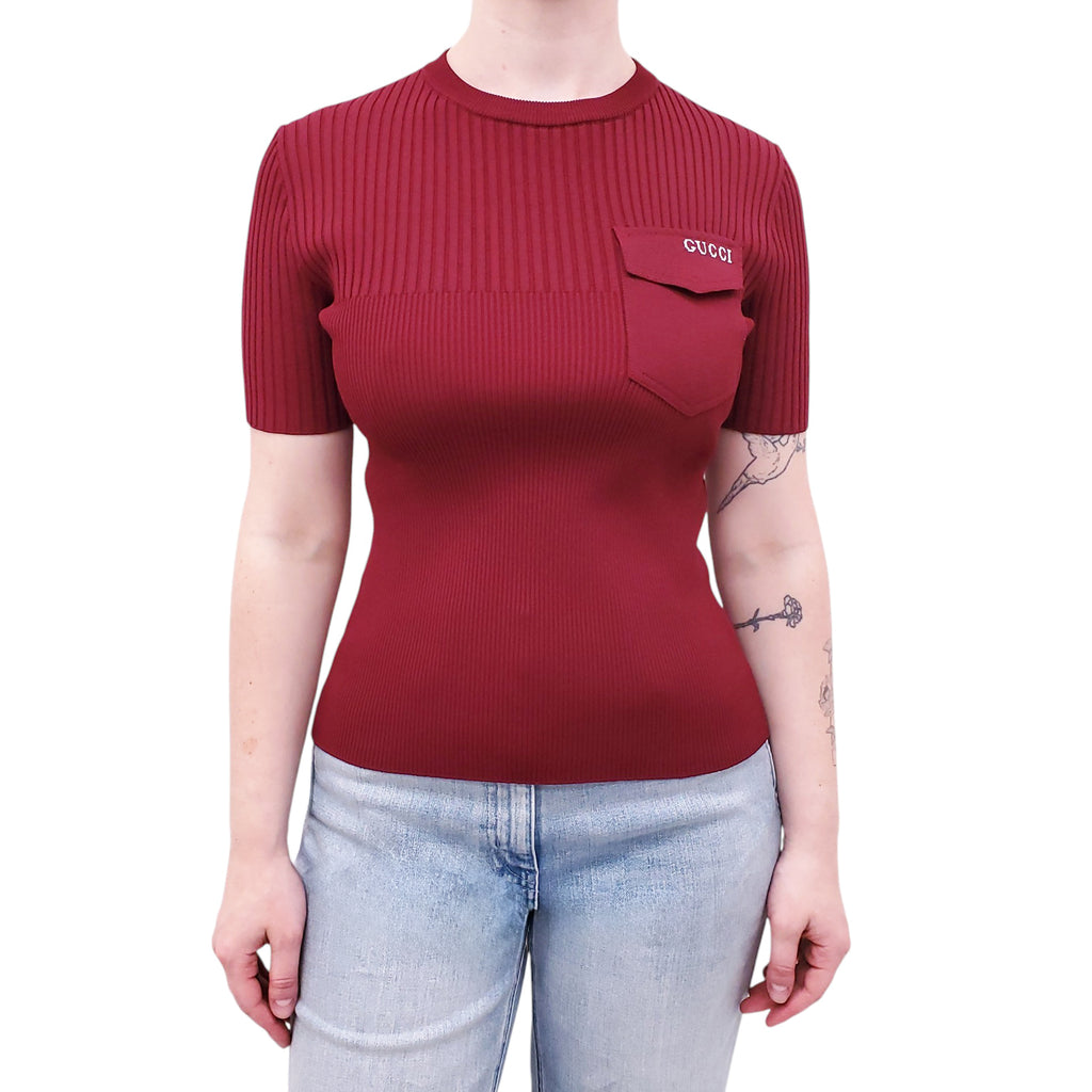 GUCCI BURGUNDY KNIT STRETCH POLO TOP WITH LOGO - SIZE XS