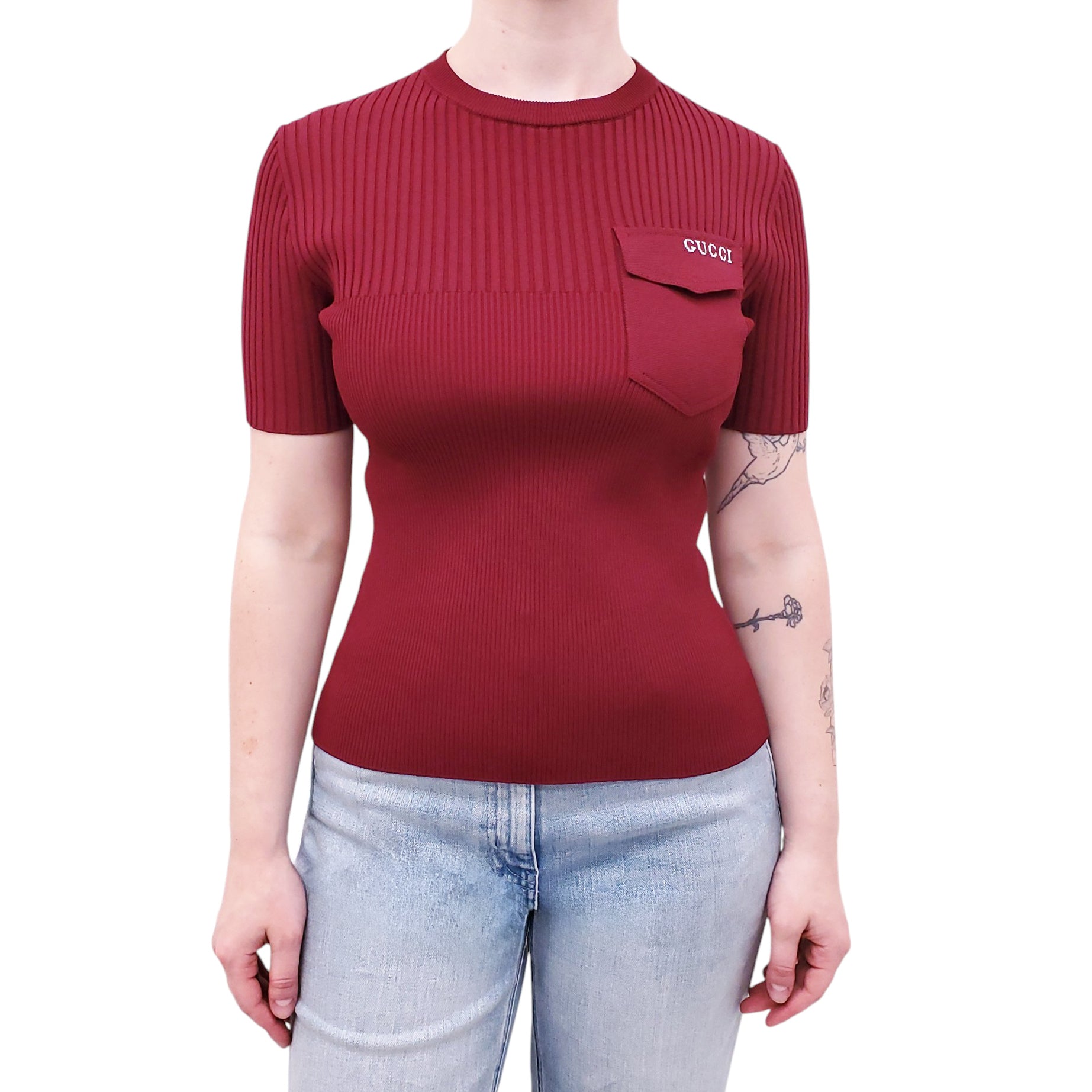 GUCCI BURGUNDY KNIT STRETCH POLO TOP WITH LOGO - SIZE XS