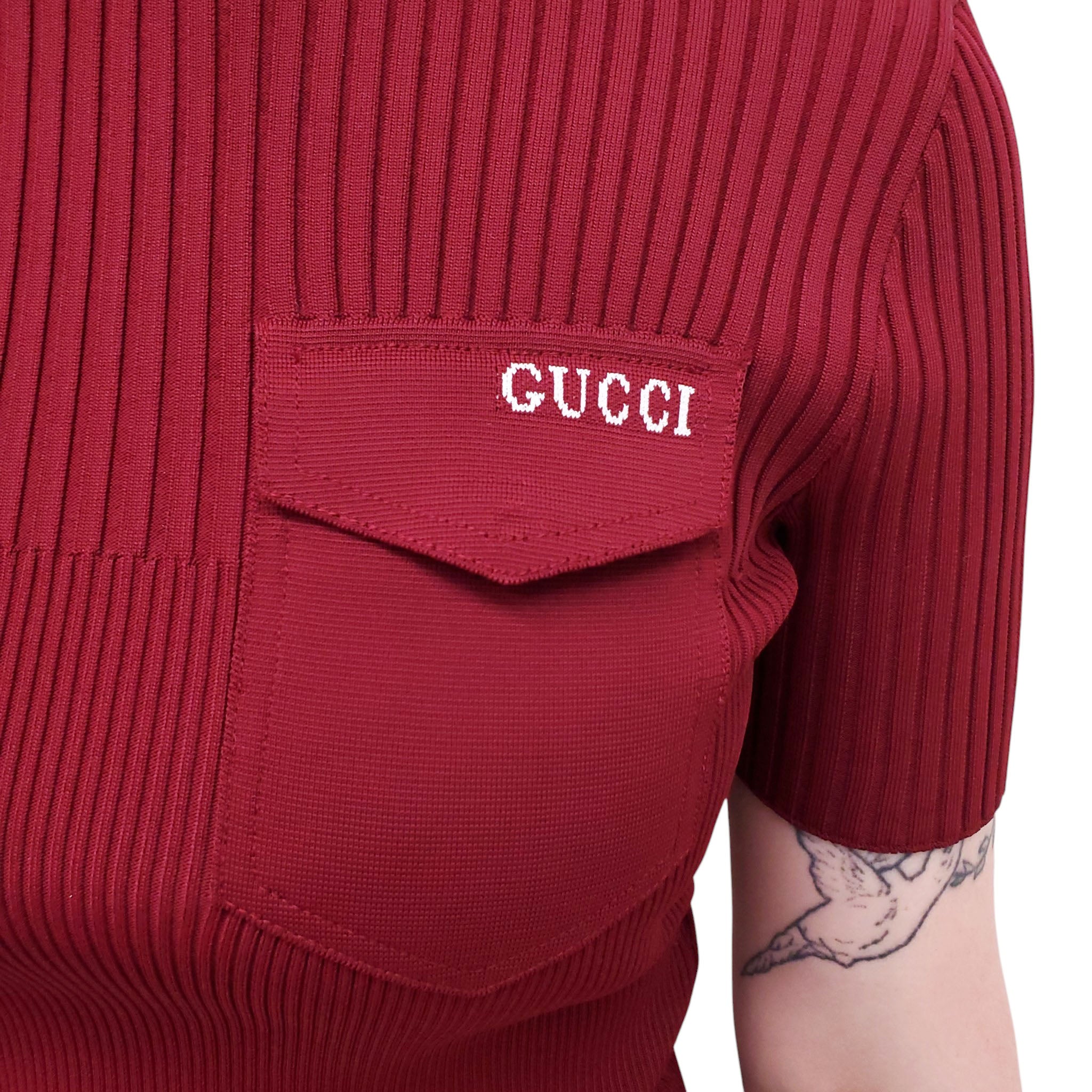 GUCCI BURGUNDY KNIT STRETCH POLO TOP WITH LOGO - SIZE XS