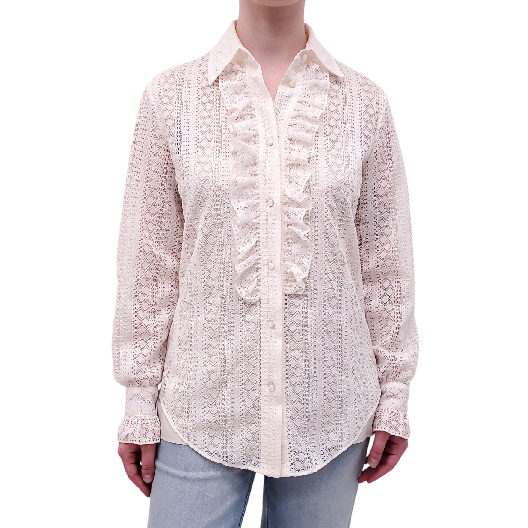 GUCCI CREAM EYELET RUFFLE BLOUSE - SIZE 38