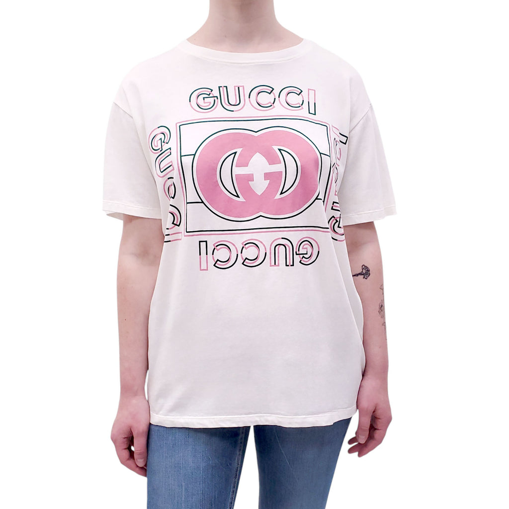 GUCCI WHITE GRAPHIC LOGO T-SHIRT - SIZE S