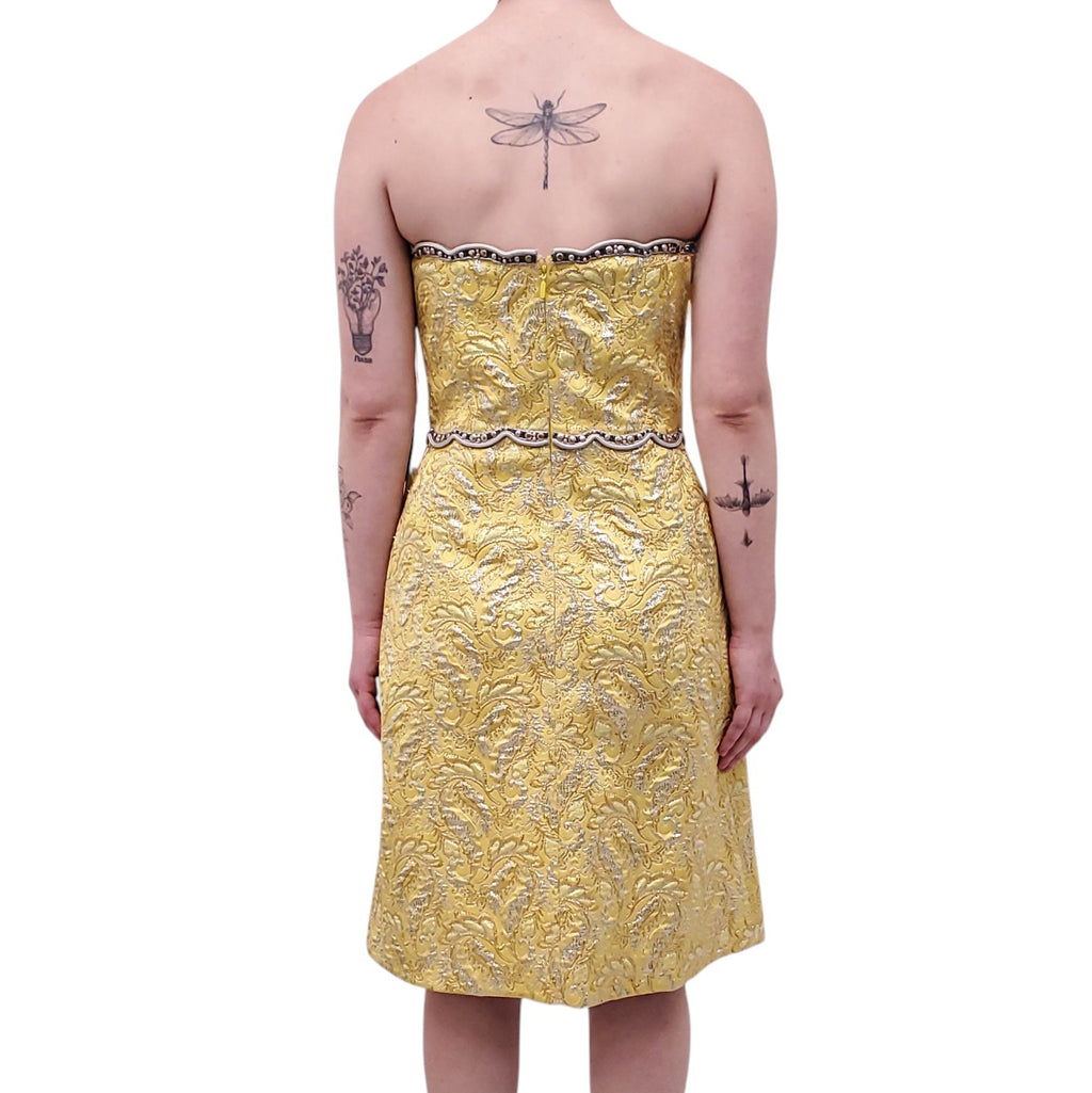 GUCCI YELLOW BROCADE DRESS WITH SILVER STONE DETAIL - SIZE 42