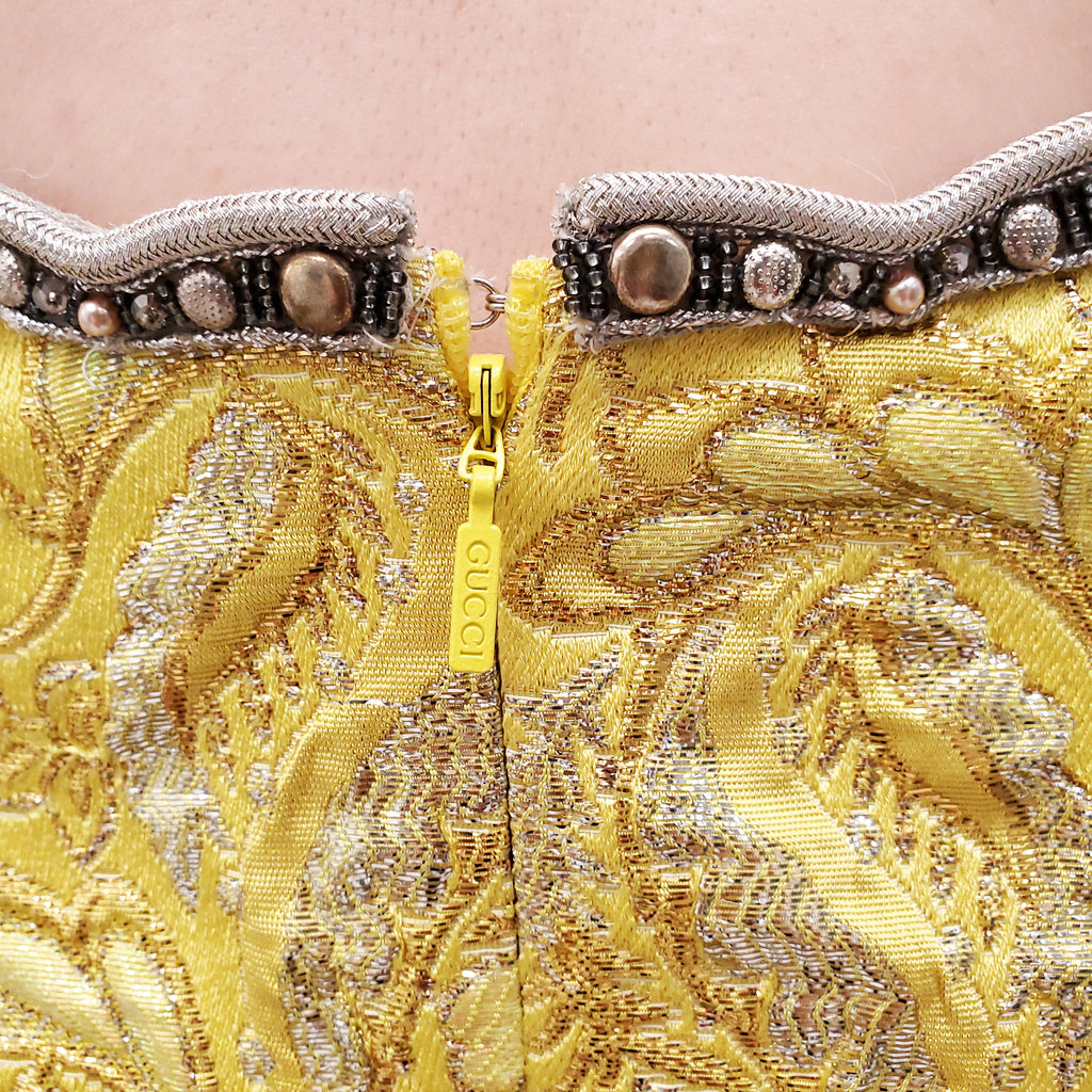 GUCCI YELLOW BROCADE DRESS WITH SILVER STONE DETAIL - SIZE 42