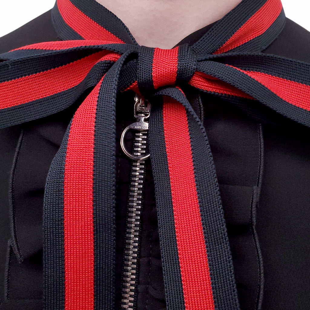 GUCCI BLACK ZIP-UP DRESS WITH RED RIBBON DETAILS - SIZE S
