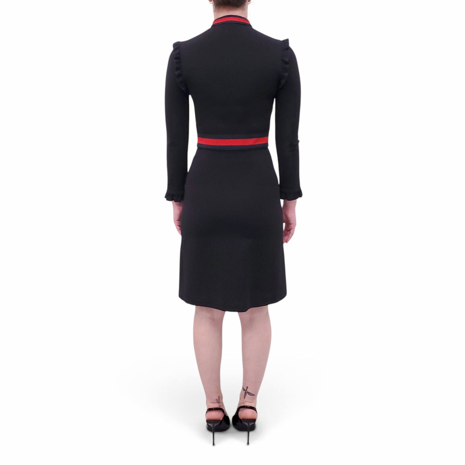 GUCCI BLACK ZIP-UP DRESS WITH RED RIBBON DETAILS - SIZE S