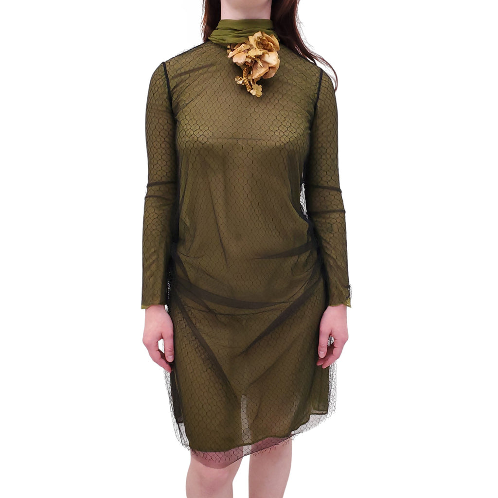 GUCCI RUNWAY GREEN FISHNET MESH DRESS WITH FLORAL DETAIL - SIZE 38