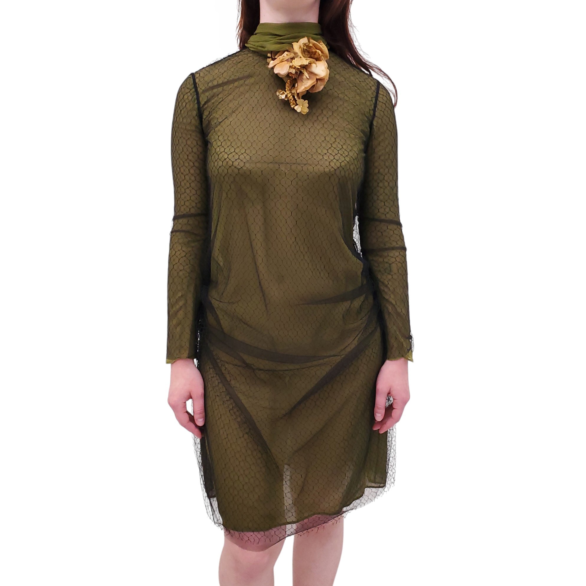 GUCCI RUNWAY GREEN FISHNET MESH DRESS WITH FLORAL DETAIL - SIZE 38
