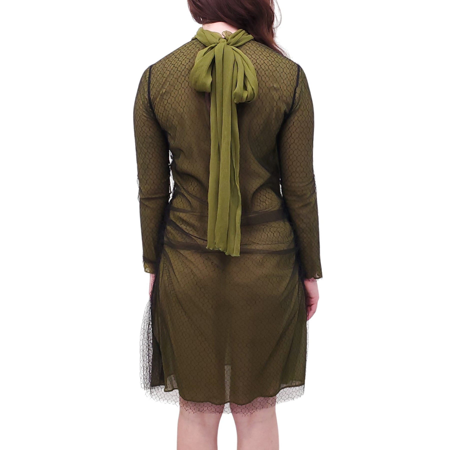 GUCCI RUNWAY GREEN FISHNET MESH DRESS WITH FLORAL DETAIL - SIZE 38