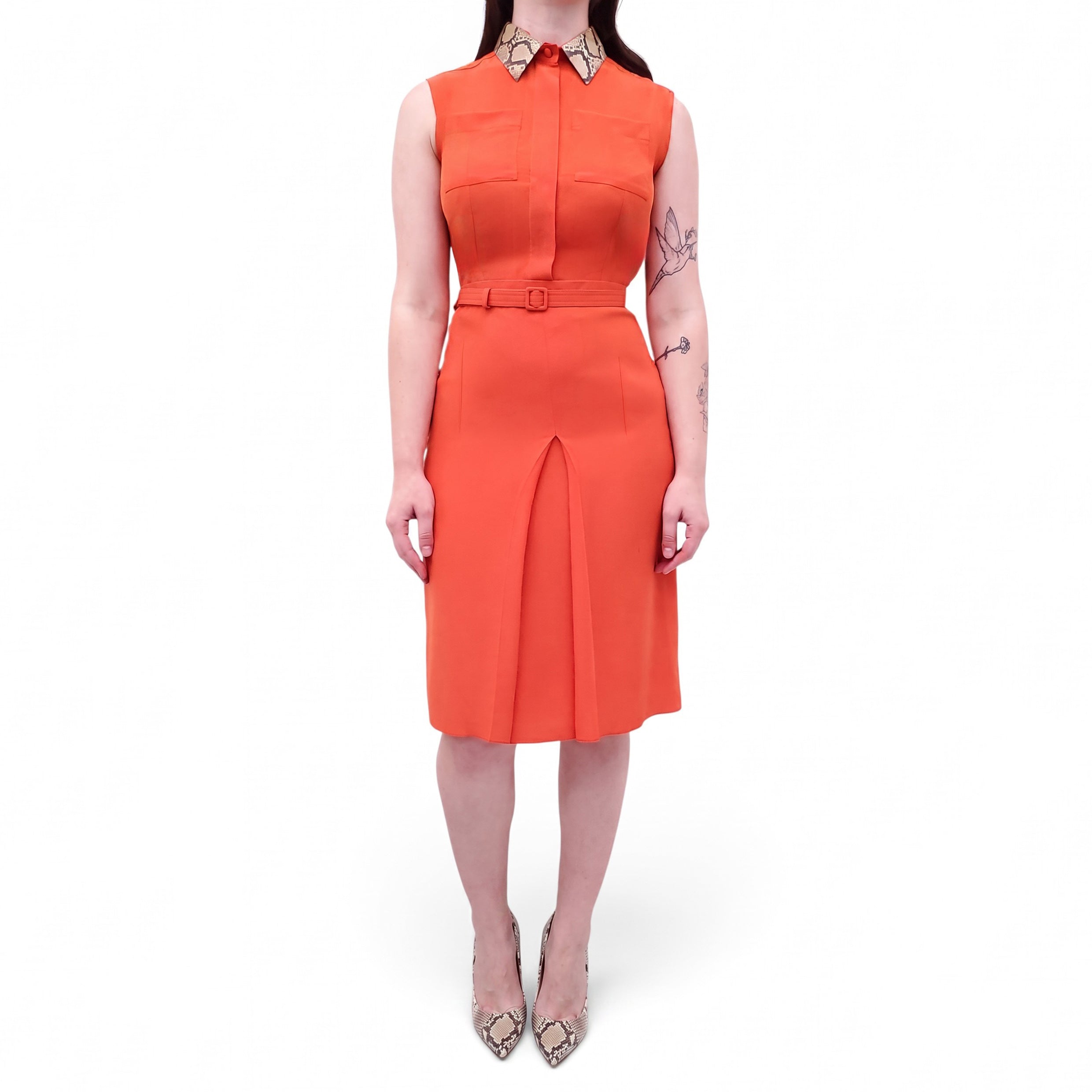 GUCCI ORANGE DRESS WITH REMOVABLE LEATHER SNAKESKIN DETAIL - SIZE XS