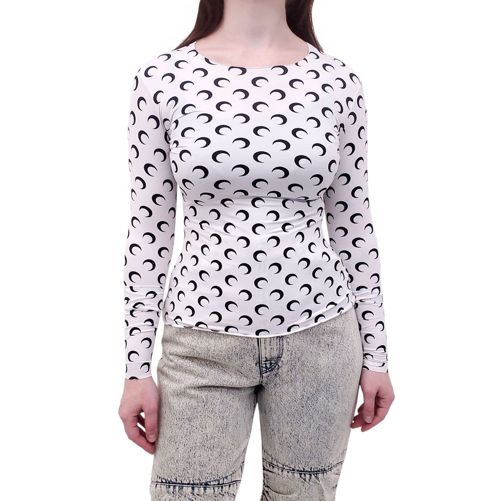 MARINE SERRE WHITE AND BLACK LOGO STRETCH LONG SLEEVE TOP - SIZE M