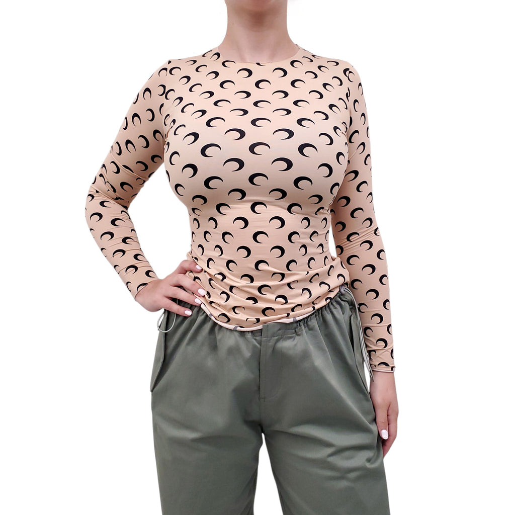 MARINE SERRE NUDE AND BLACK LOGO STRETCH LONG SLEEVE TOP - SIZE M
