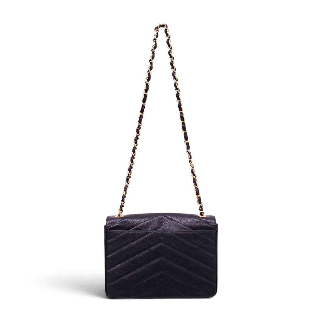 CHANEL VINTAGE CAVIAR SHOULDER BAG WITH CC GOLD LOGO