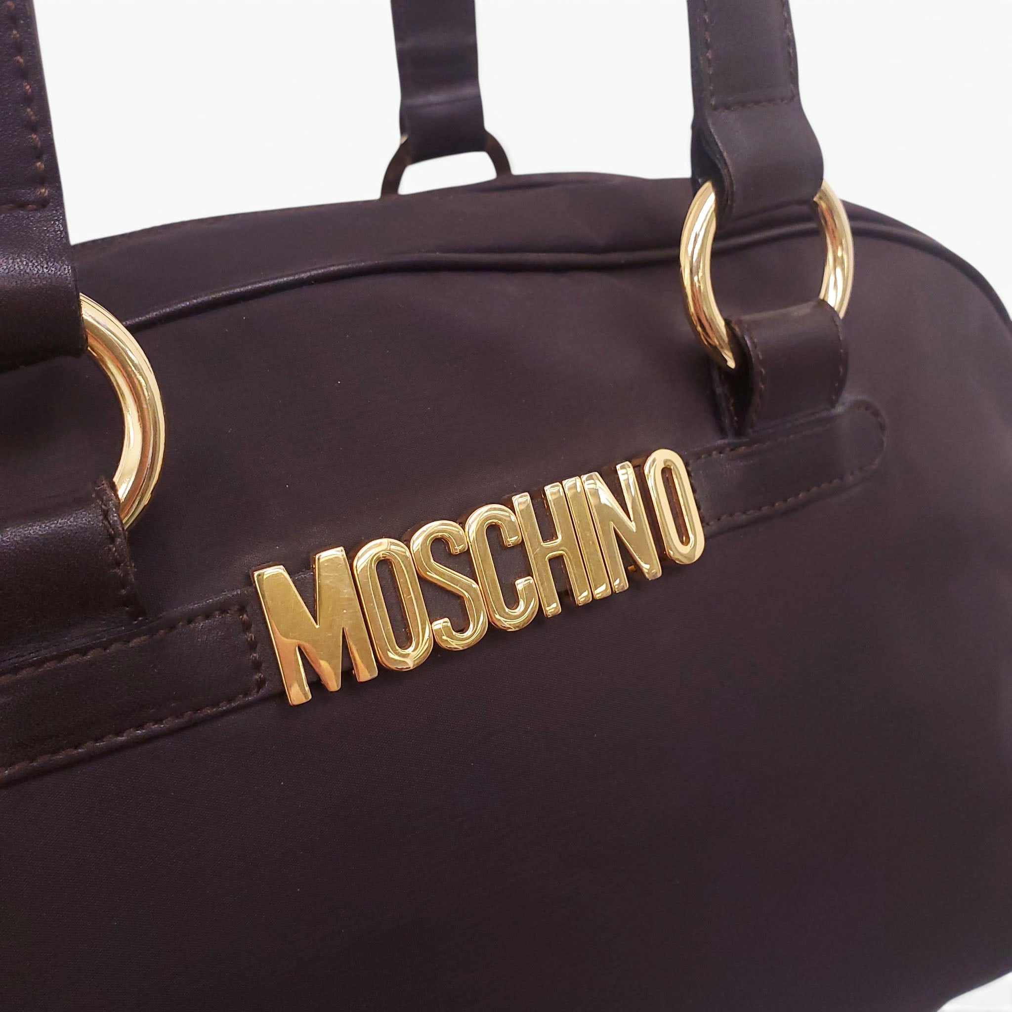 MOSCHINO NYLON LOGO BAG IN BROWN WITH LEATHER STRAP DETAIL