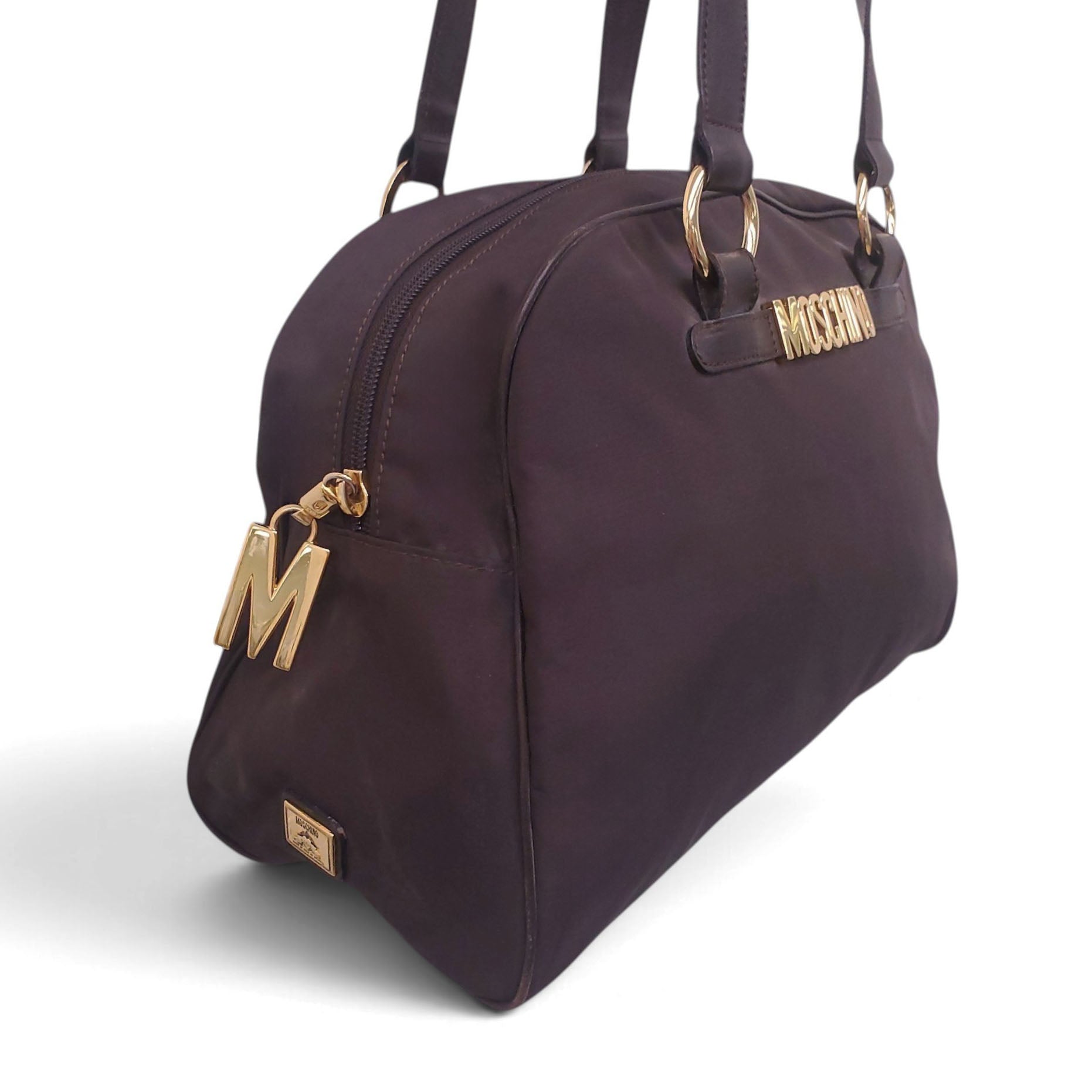 MOSCHINO NYLON LOGO BAG IN BROWN WITH LEATHER STRAP DETAIL