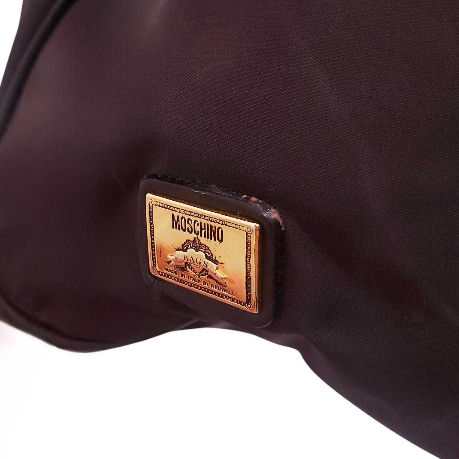 MOSCHINO NYLON LOGO BAG IN BROWN WITH LEATHER STRAP DETAIL