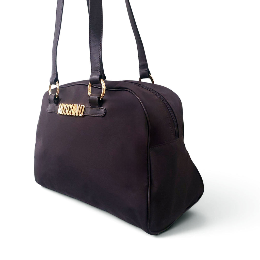MOSCHINO NYLON LOGO BAG IN BROWN WITH LEATHER STRAP DETAIL