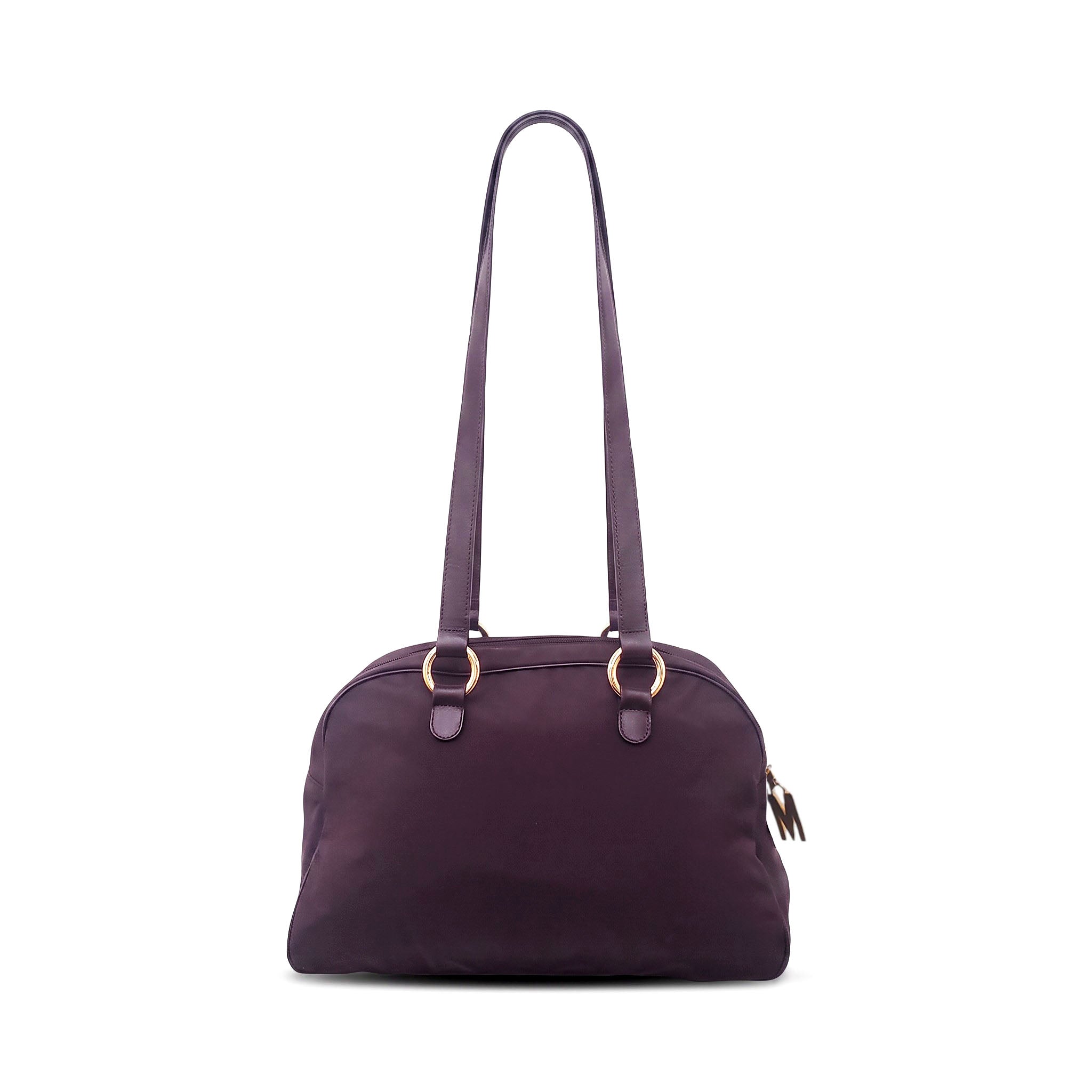 MOSCHINO NYLON LOGO BAG IN BROWN WITH LEATHER STRAP DETAIL