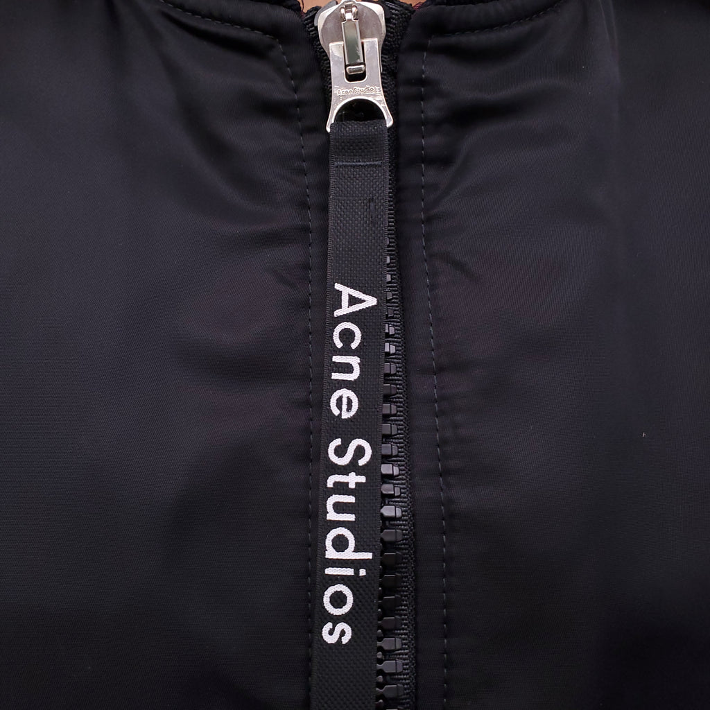 ACNE STUDIOS BLACK OVERSIZED LONG BOMBER JACKET WITH BURGUNDY INTERIOR - SIZE 32