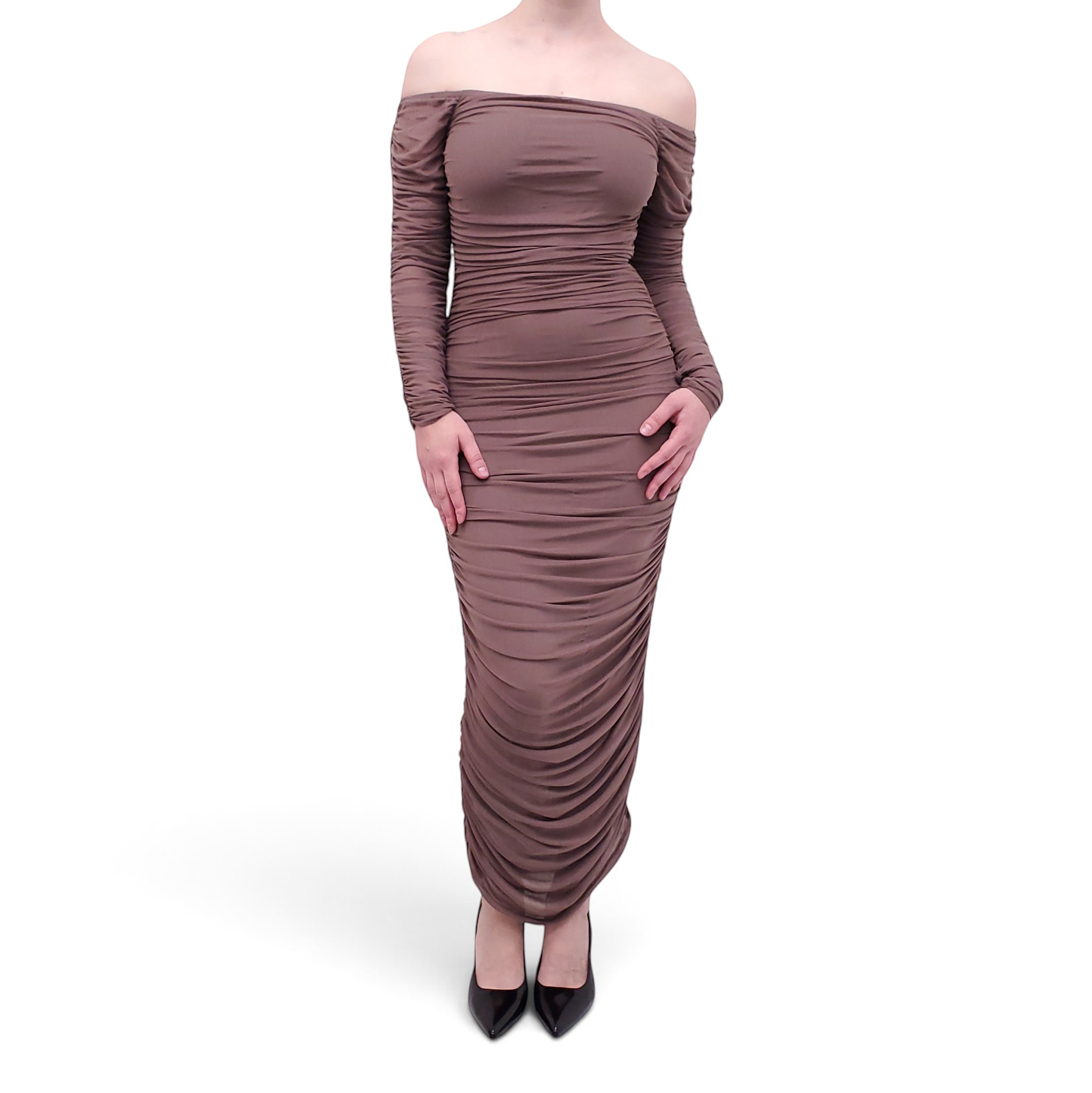 CAROLINE CONSTANCE TAUPE ROUCHED DRESS - SIZE S