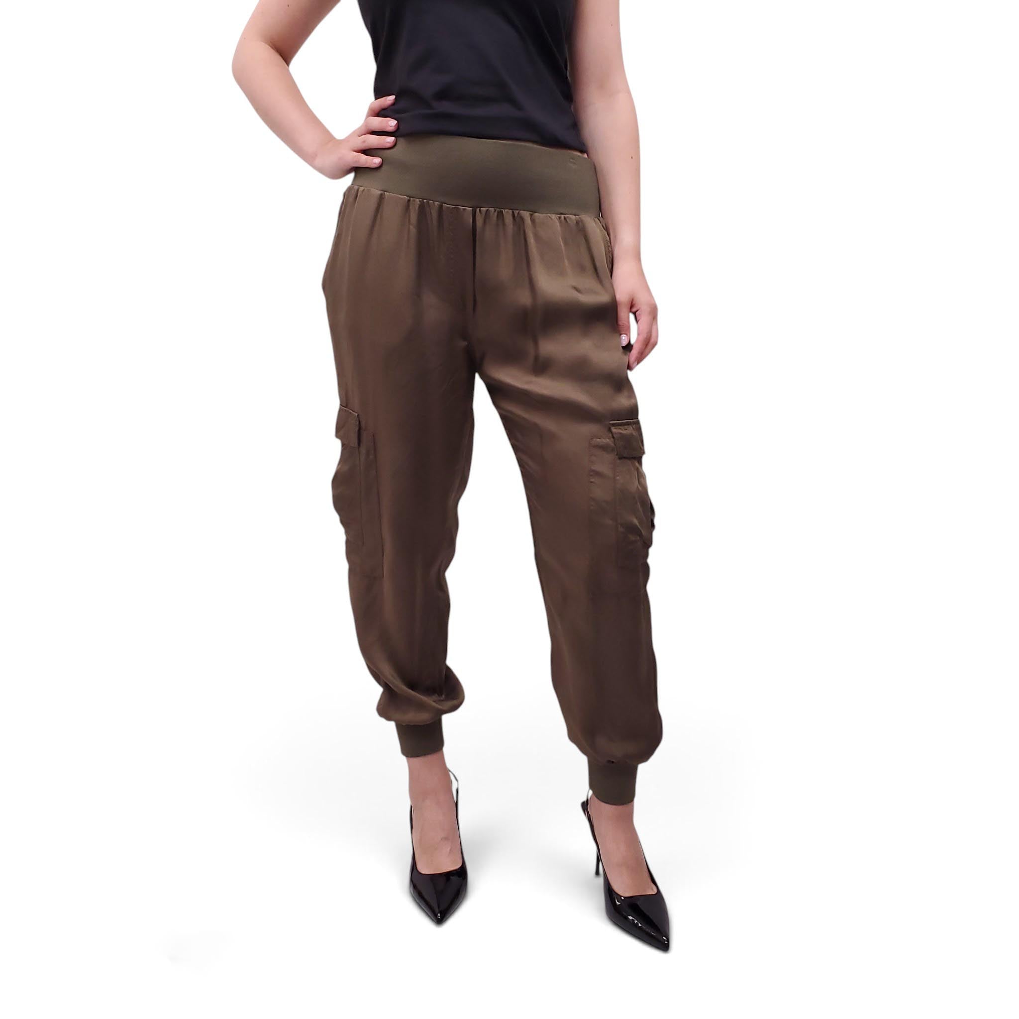 CINQ À SEPT ARMY GREEN SATIN CARGO PANTS - SIZE L