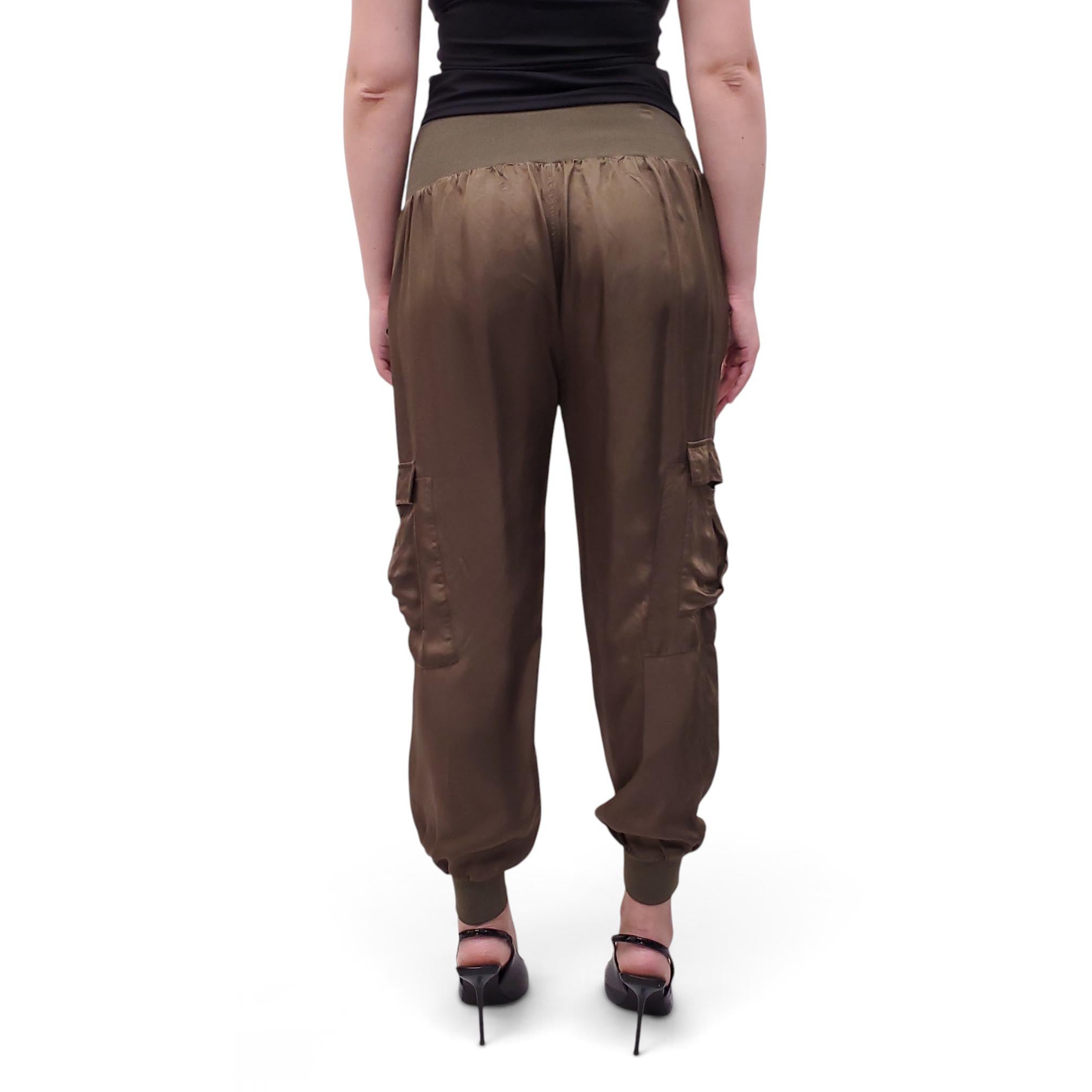 CINQ À SEPT ARMY GREEN SATIN CARGO PANTS - SIZE L