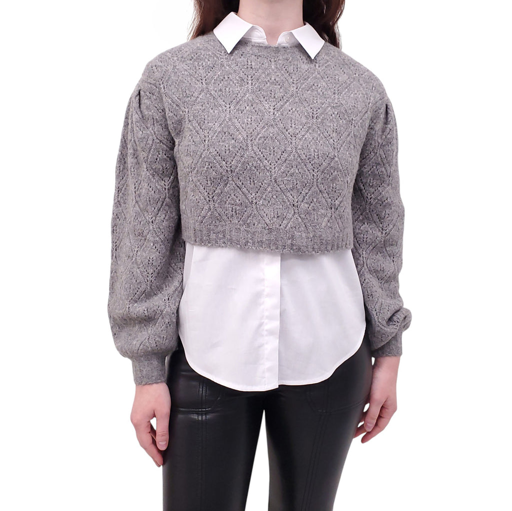 CINQ À SEPT GREY KNIT OVERLAY BUTTON UP SHIRT - SIZE XS