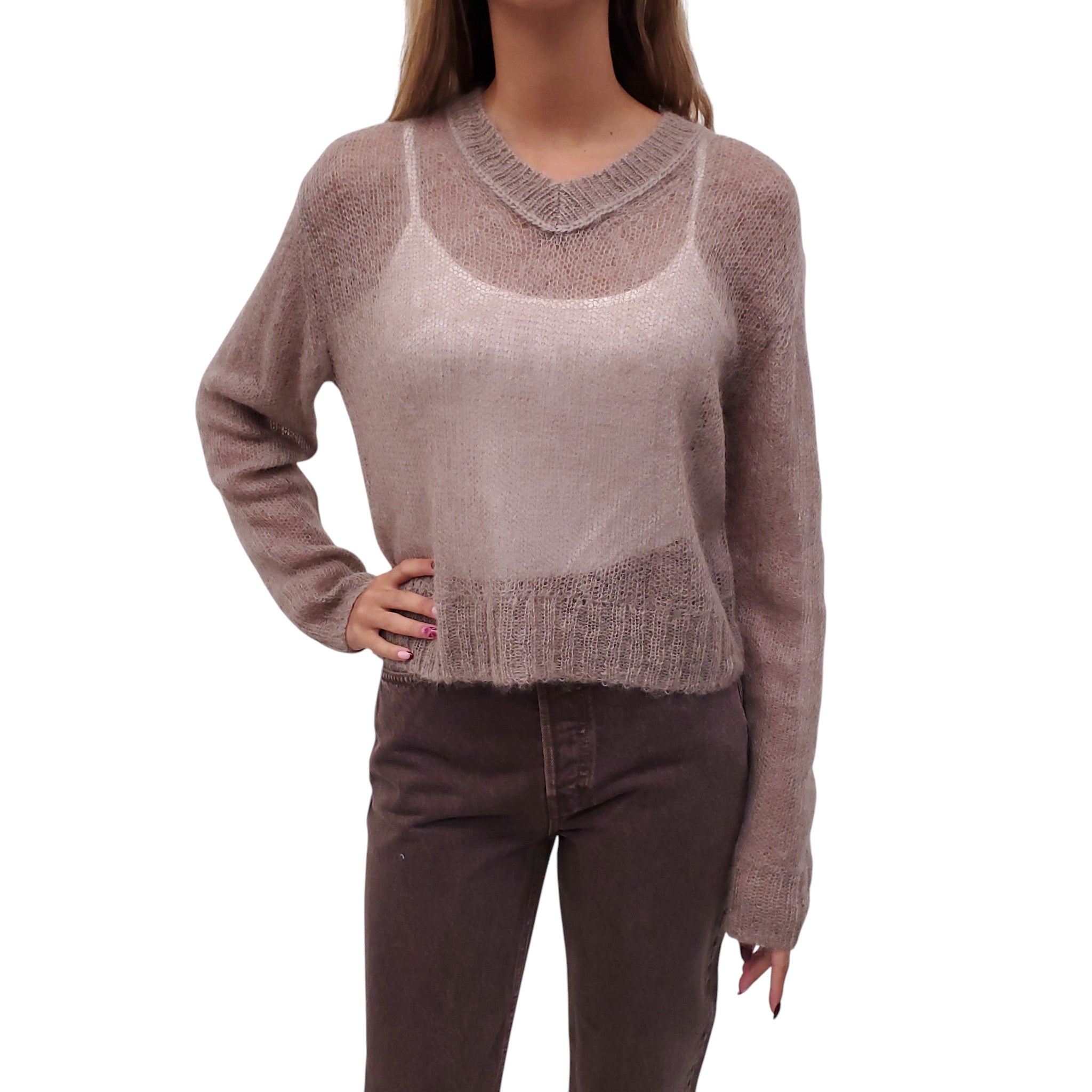 ACNE STUDIOS TAUPE KNIT V-NECK SWEATER - SIZE S