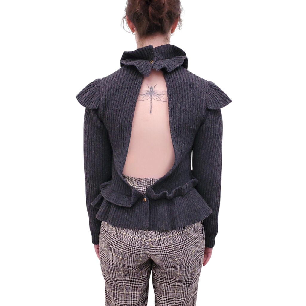 GANNI GREY KNIT RUFFLE SWEATER - SIZE S