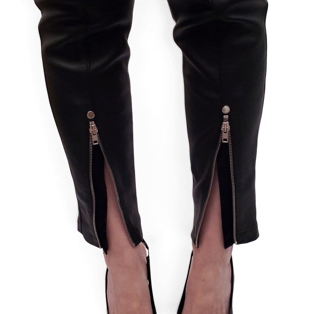 ALEXANDER WANG BLACK LOGO LEATHER PANTS WITH SILVER BUTTONS - SIZE 6